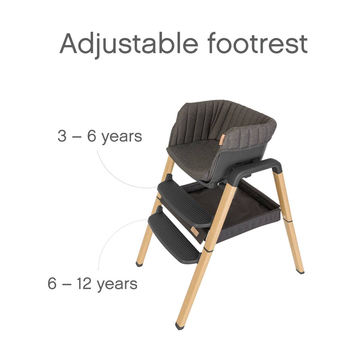 Side view of the Nova kids chair in Grey and Oak with adjustable footrest, showing height positions for children aged 3–6 and 6–12 years.
