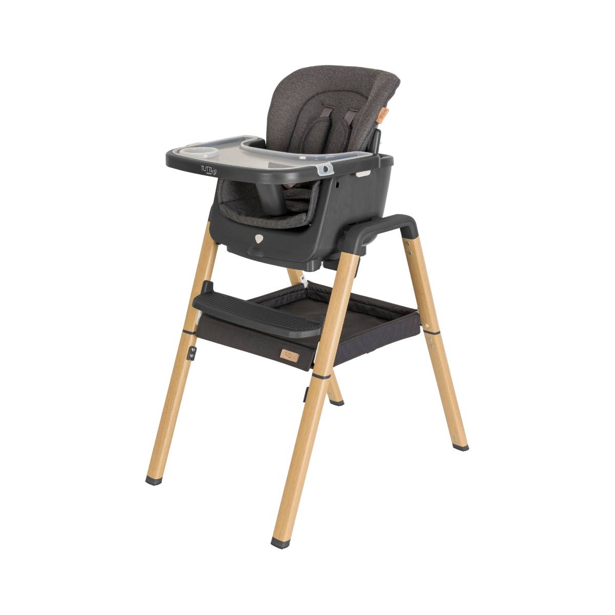 Front angled view of the Nova highchair in Grey and Oak with padded seat, adjustable tray, safety harness, and under-seat storage basket.