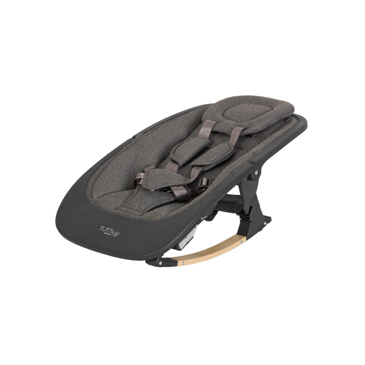 Angled side view of the Nova rocker in Grey and Oak with padded seat insert, harness, and gentle curved legs for soothing motion.