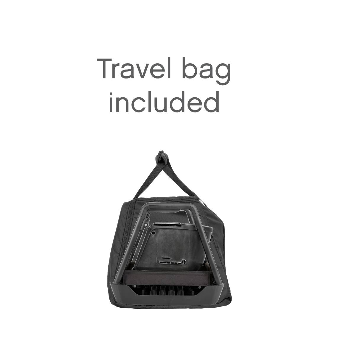 Front view of the Nova travel bag in showing highchair components neatly folded inside for compact portability.