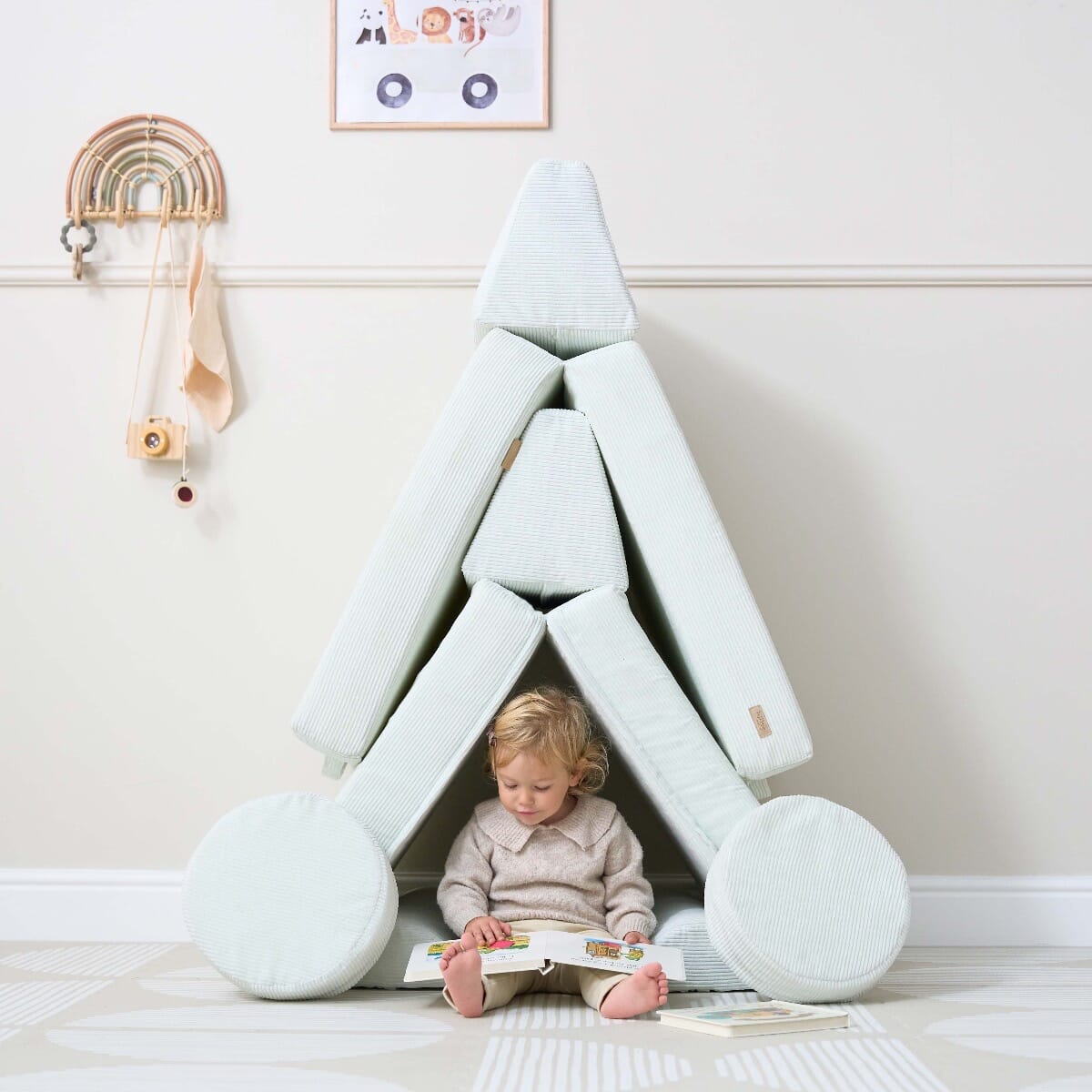 Playrama Montessori Kids Play Sofa - image of little girl playing in front of the sofa in the man configuration