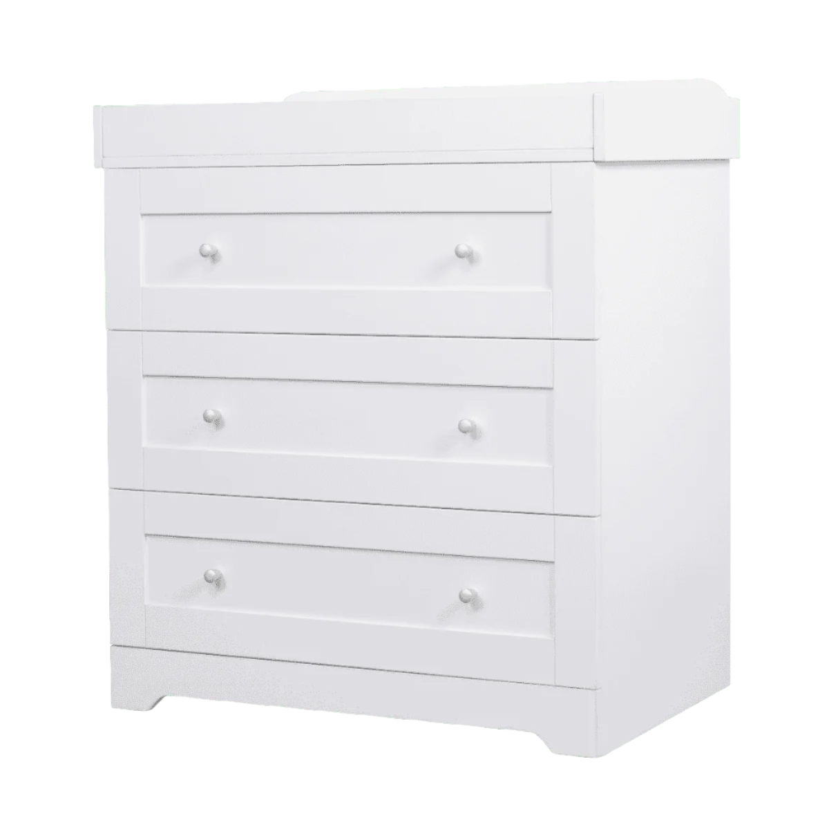 Angled cutout of the Rio chest changer in white with a smooth painted finish, integrated changing top, and three spacious drawers for storage