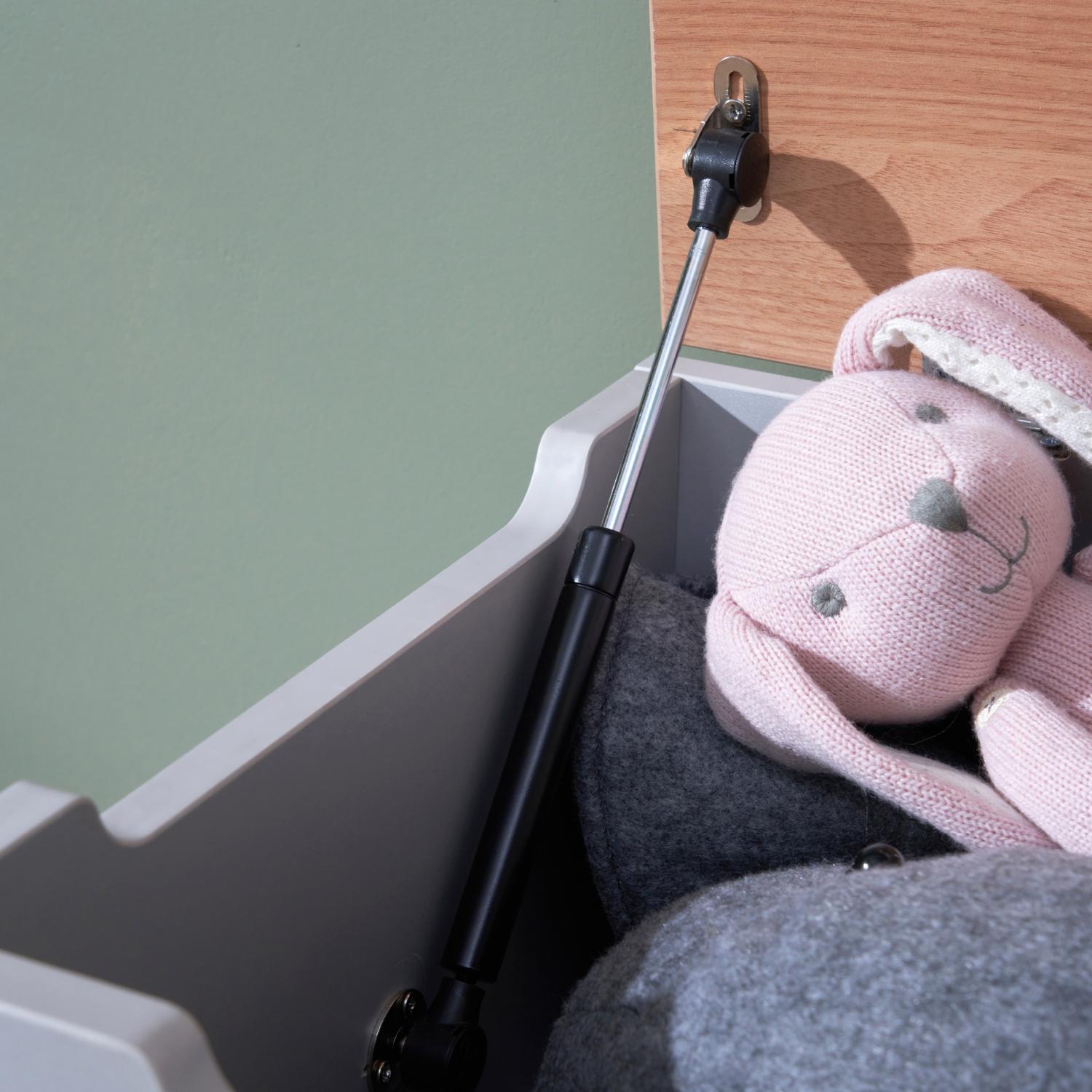 Rio Toy Box Dove Grey and Honey Oak featuring a soft-close safety hinge to prevent lid slamming and ensure safe, quiet closure for children