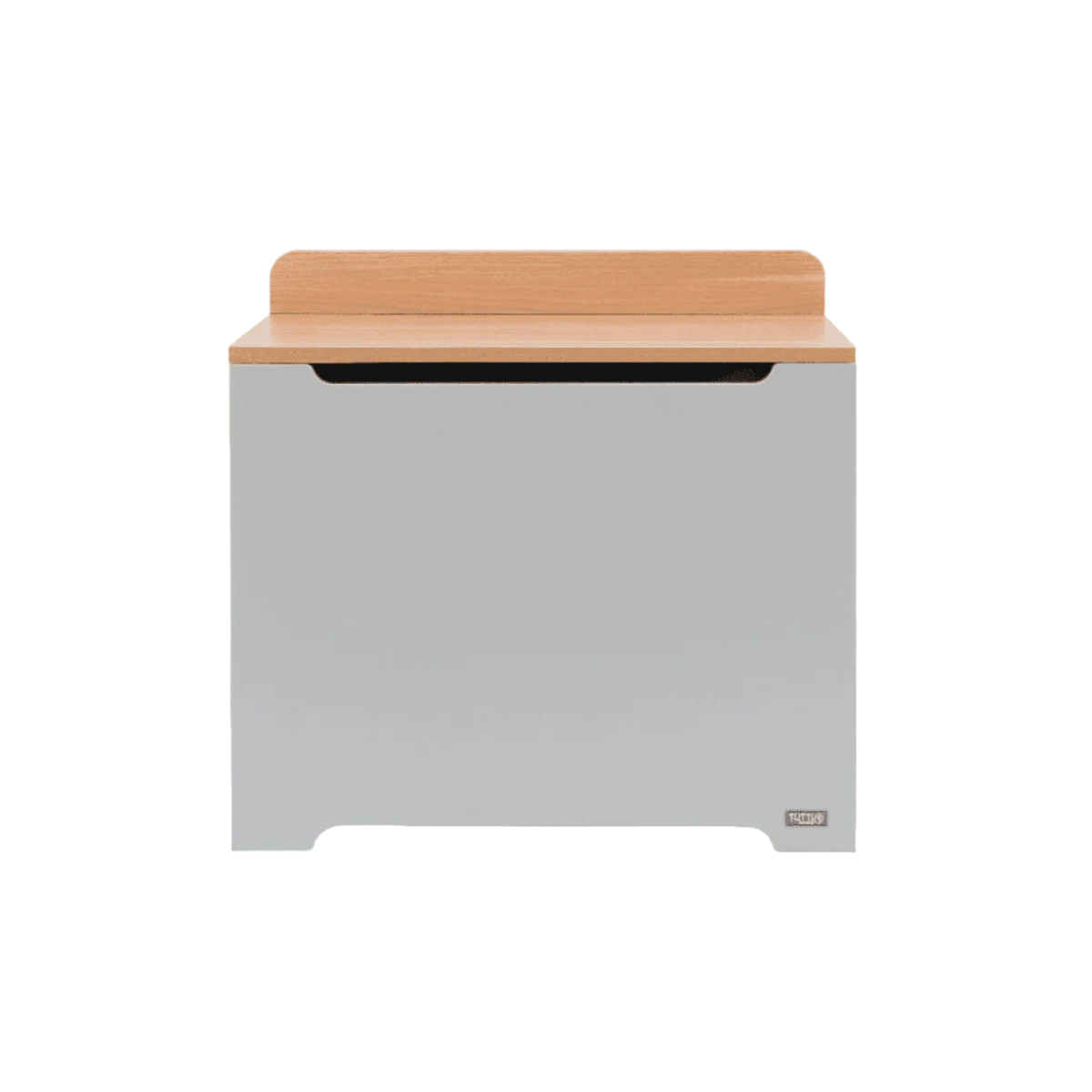 Rio Toy Box Dove Grey and Honey Oak featuring rounded corners and gap-front lid design to maximize safety and prevent trapped fingers