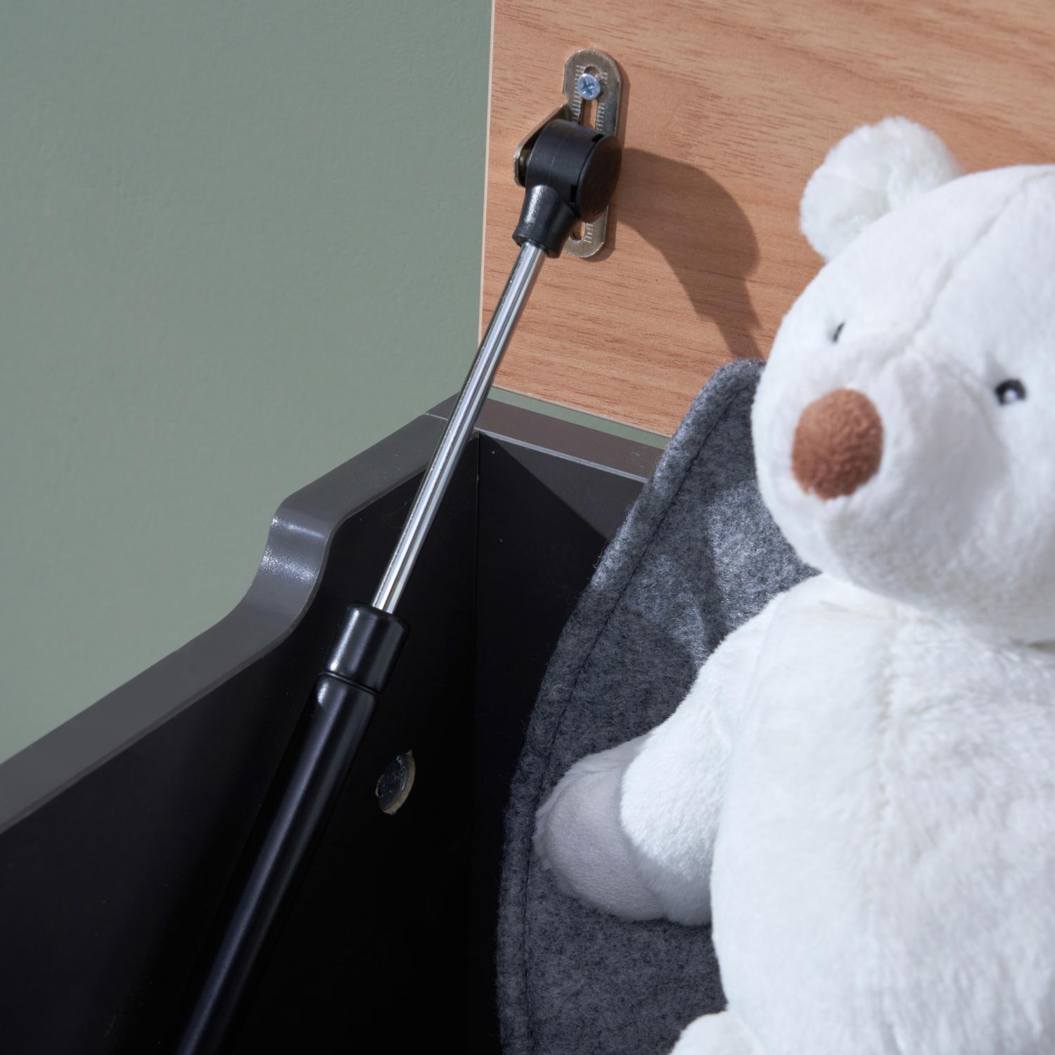 Rio Toy Box Slate Grey and Honey Oak with soft-close safety hinge for secure lid support