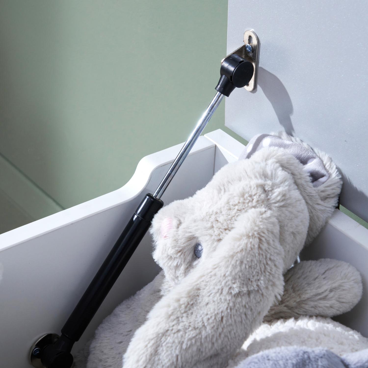 Rio Toy Box White and Dove Grey with soft-close safety hinge to prevent sudden lid drops, ensuring child safety during opening and closing