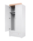 Angled view of Rio Wardrobe in Dove Grey and Honey Oak with doors open, displaying storage shelf, hanging rail, and spacious drawer
