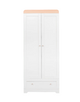 Front view of Rio Wardrobe in Dove Grey and Honey Oak on white background with twin doors and under drawer for organised storage