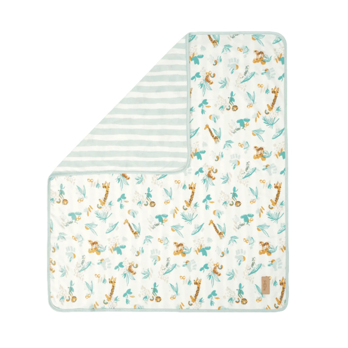 Folded corner cutout of Cocoon coverlet, reversible quilted organic cotton with woodland animal prints for softness and cosy style