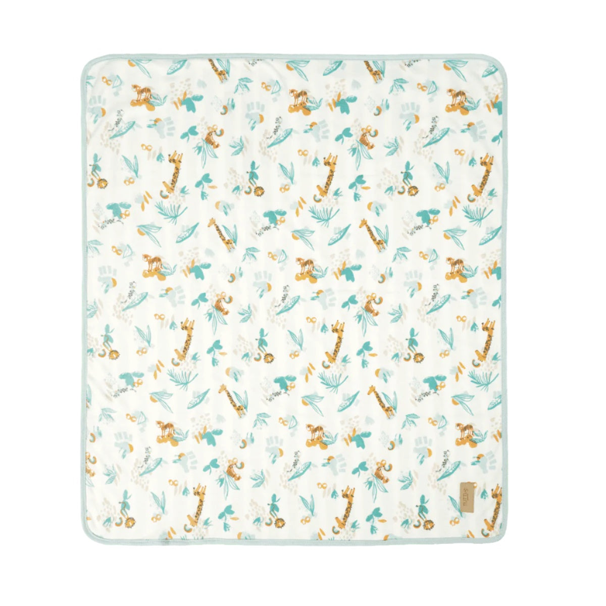 Open lay cutout of Cocoon coverlet, quilted organic cotton with woodland animal prints and soft grey trim for warmth and comfort