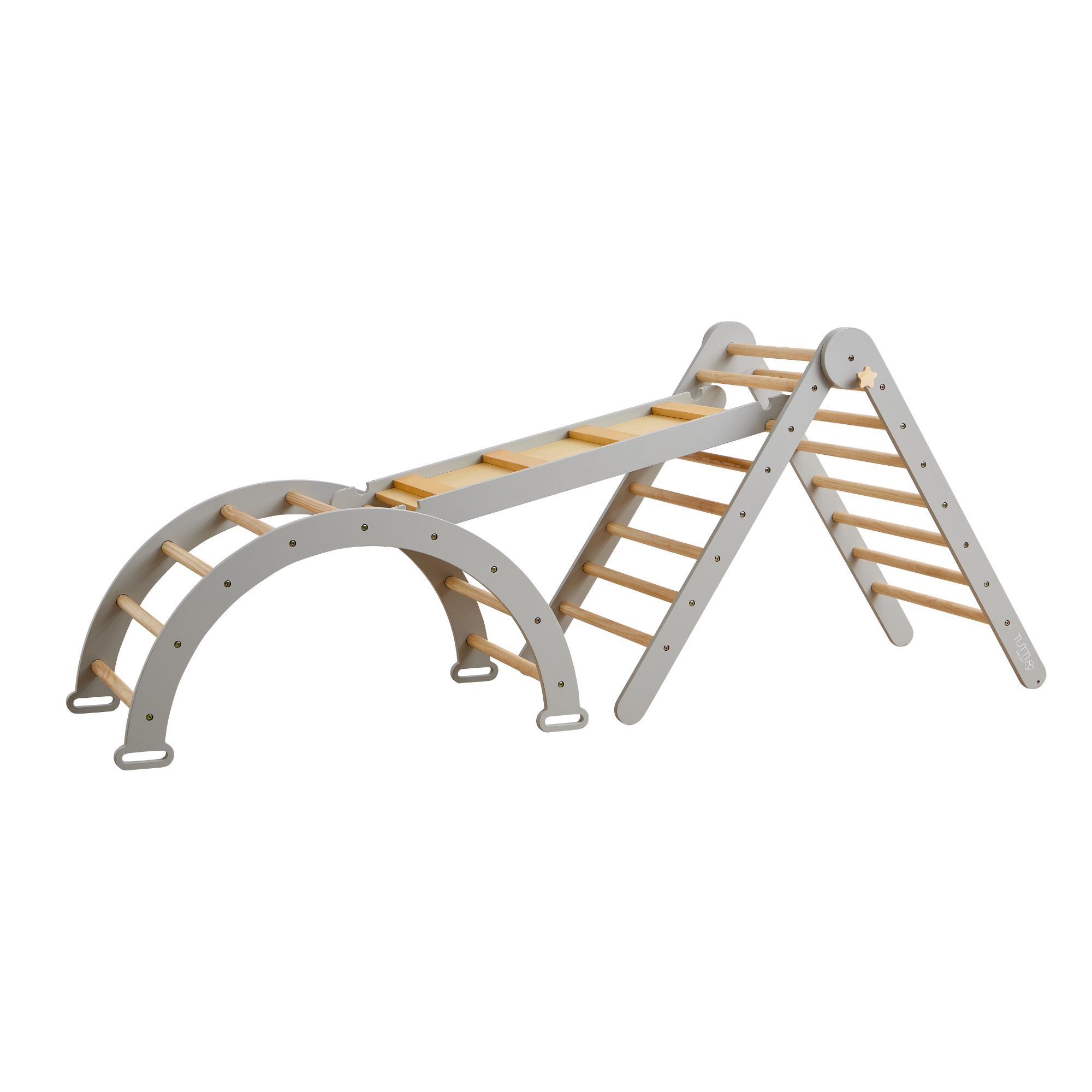 Cutout view of the Scala Montessori Pikler climbing frame in mushroom finish, showing arch, ladder, and climbing wall connected