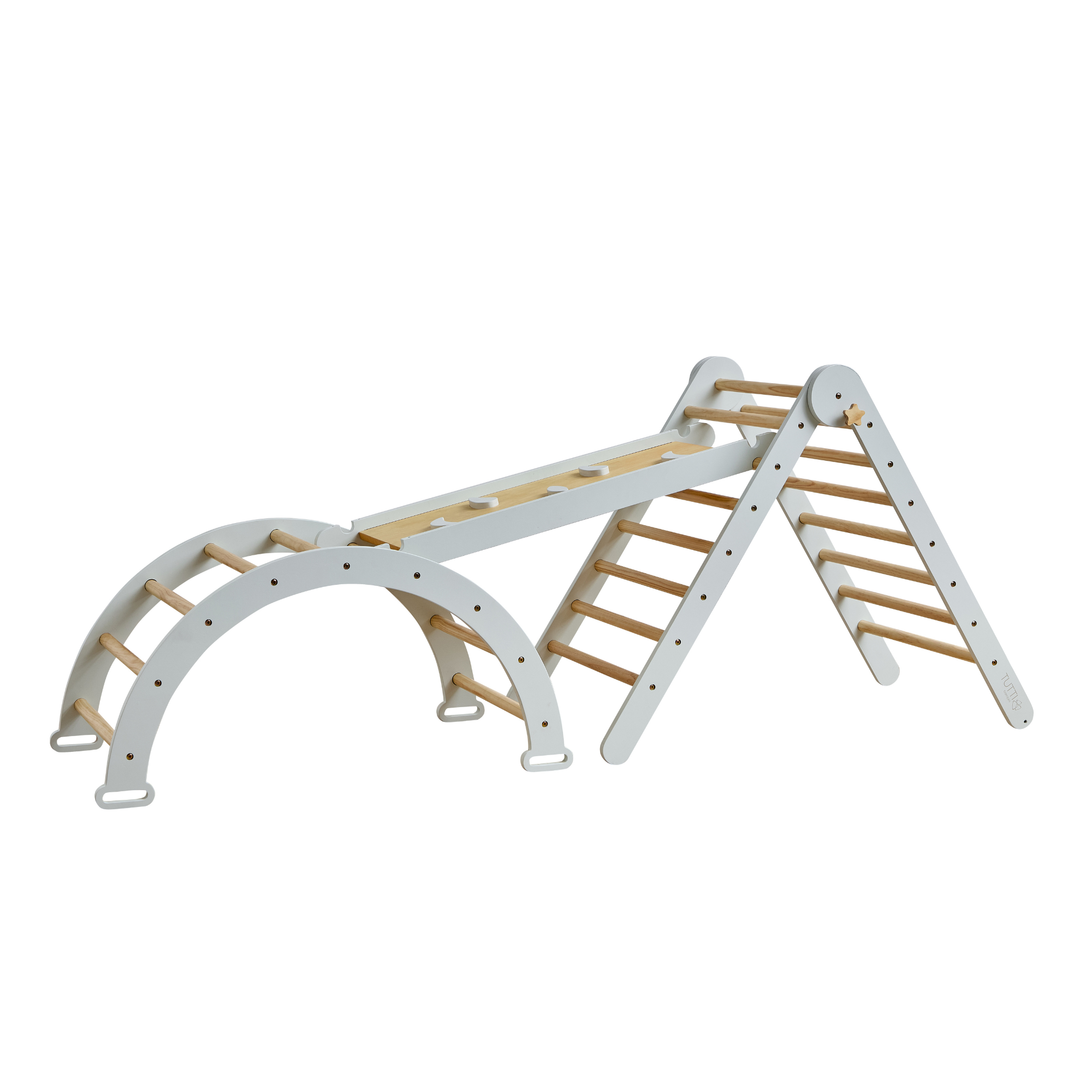 Cutout of the Scala Montessori Pikler climbing frame in sea mist, combining wall ladder, arch, and slide for versatile toddler play