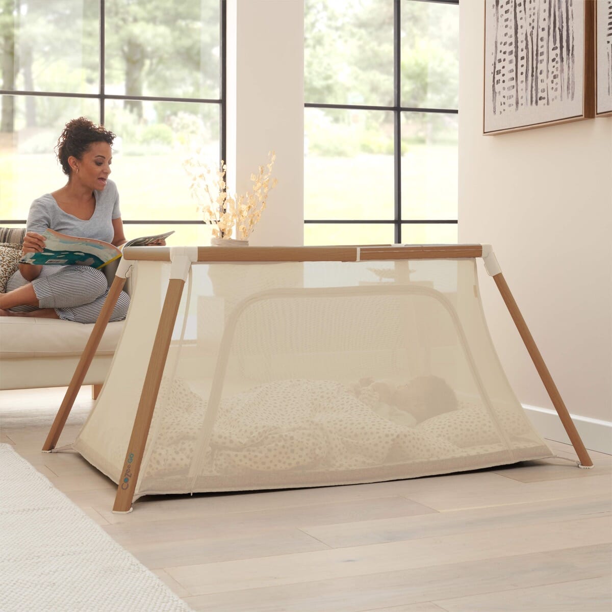 CoZee Go Travel Cot Scandinavian Walnut and Ecru > multifunctional sleeping space for naps and overnight stays