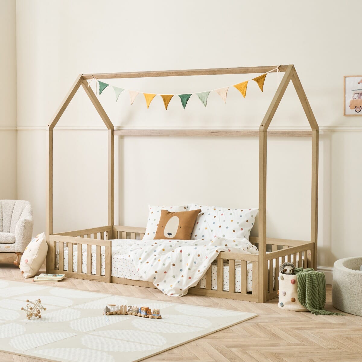 Casa Grande Montessori Kids Floor House Bed in Harvest Oak - lifestyle image in a lifestyle setting