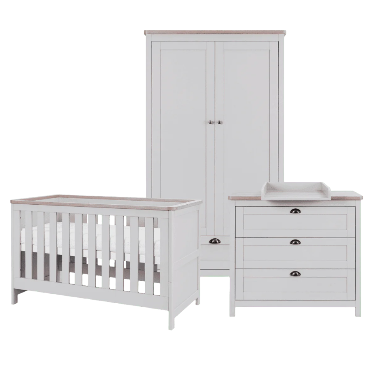 Verona 3 Piece Room Set in Dove Grey and Oak including cot bed, chest changer with changing top, and wardrobe, offering coordinated nursery storage and sleeping solutions.