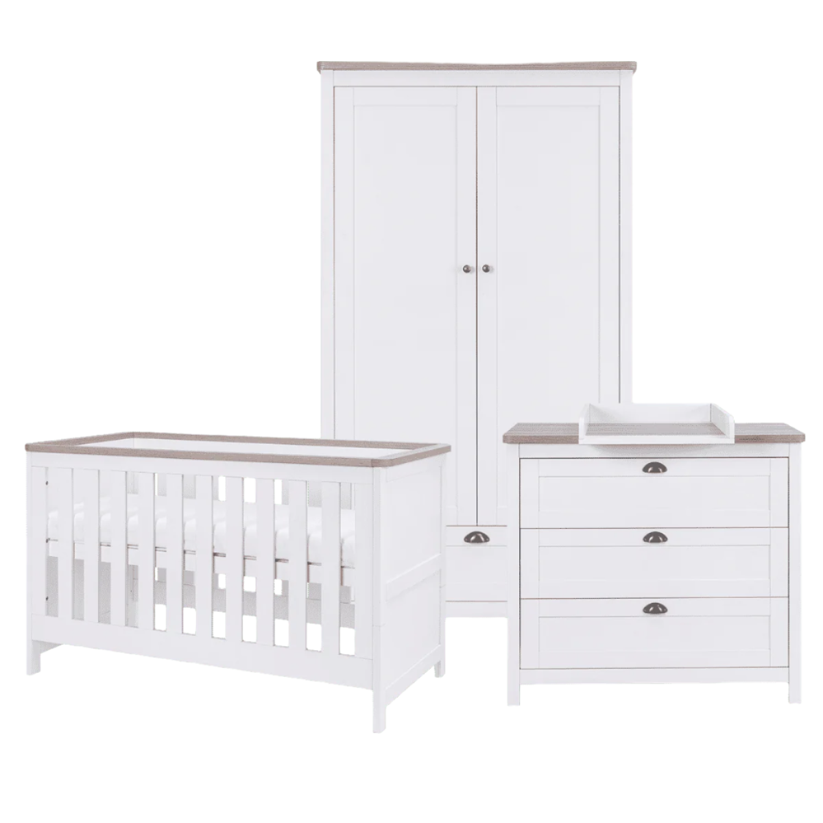 verona 3 piece room set in white and oak with cot bed, chest changer and wardrobe, offering practical storage and sleeping solutions