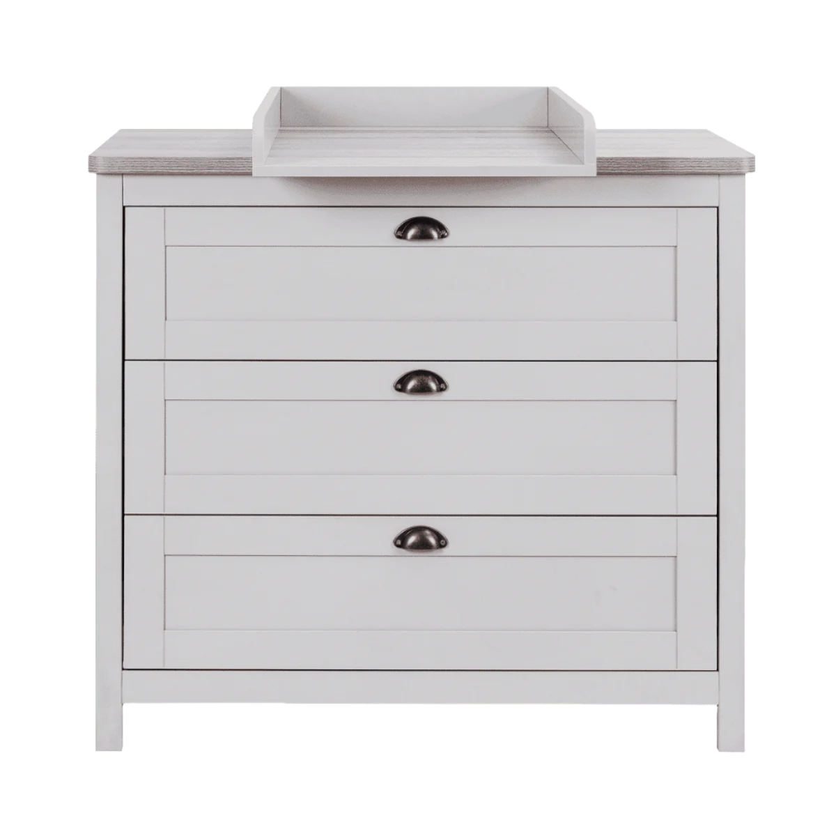 verona chest changer in dove grey and oak – includes a removable changing top that creates a practical changing station and lifts off easily when no longer needed