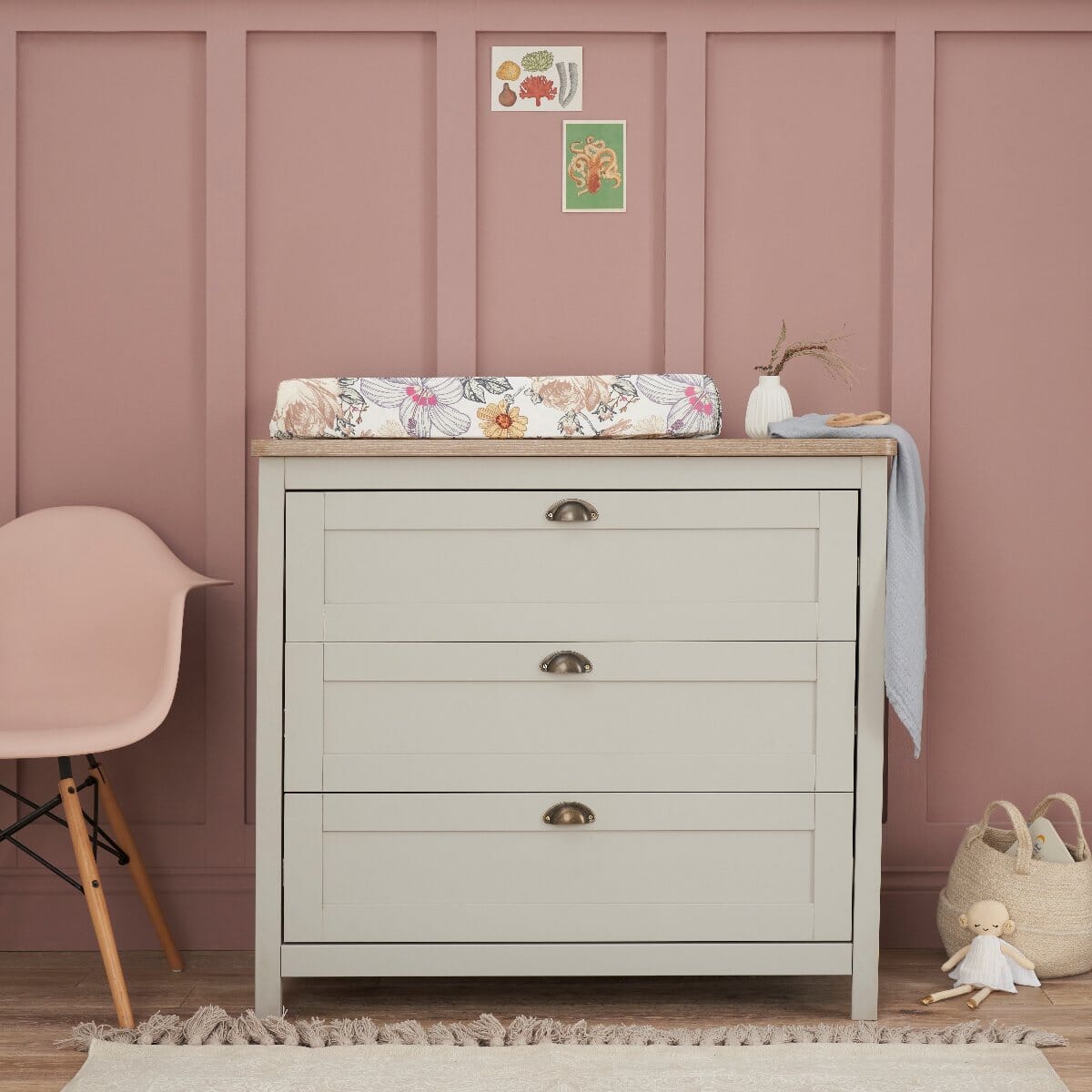 Verona chest changer in dove grey and oak with removable changing top and three spacious drawers for organised nursery storage.
