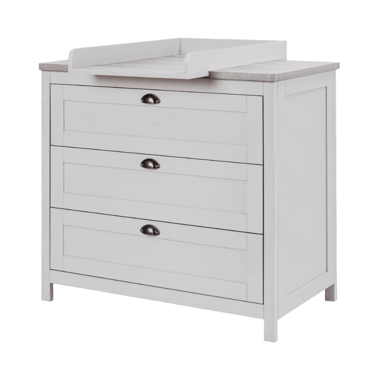 verona chest changer in dove grey and oak – includes a removable changing top that securely fits the surface, allowing for seamless conversion into a traditional dresser once the changing stage is over