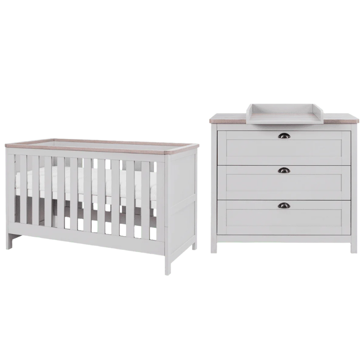 Verona 2 Piece Room Set in Dove Grey and Oak cutout view featuring cot bed and chest changer with detachable changing top, combining sleep and changing station in one compact design.