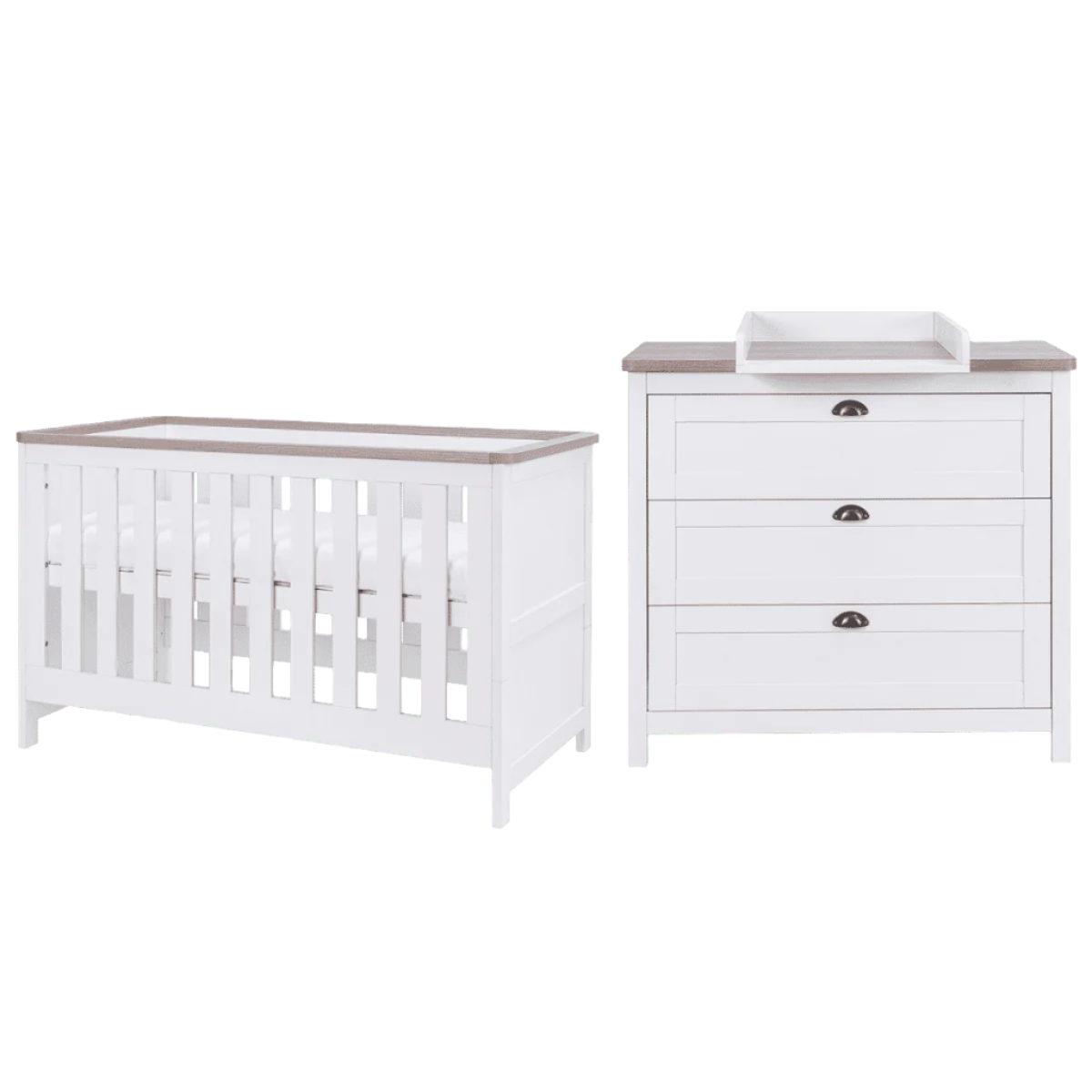 Verona 2-piece set including a cot bed and changing unit, featuring coordinated oak-effect tops and practical storage for baby essentials.