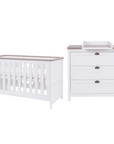 Verona 2-piece set including a cot bed and changing unit, featuring coordinated oak-effect tops and practical storage for baby essentials.