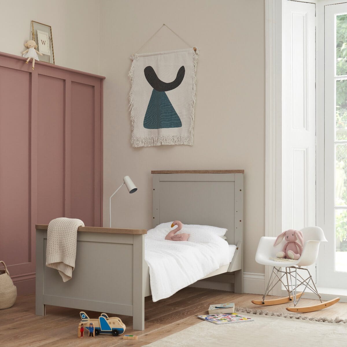 Verona 2 Piece Room Set in Dove Grey and Oak shown in toddler bed configuration, supporting extended use beyond the cot stage.
