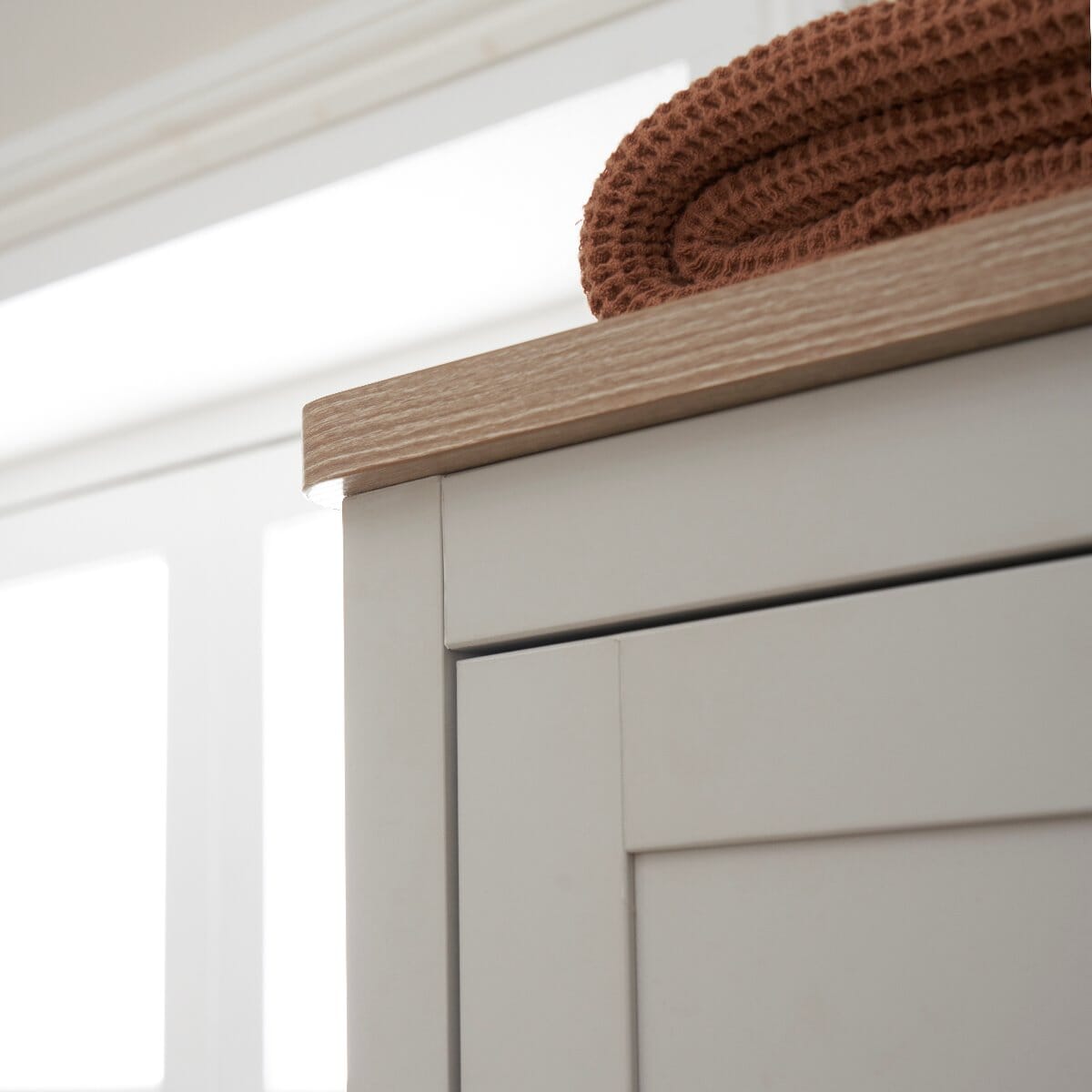Verona wardrobe crafted with a softly rounded oak top and smooth edges for a premium finish and added safety