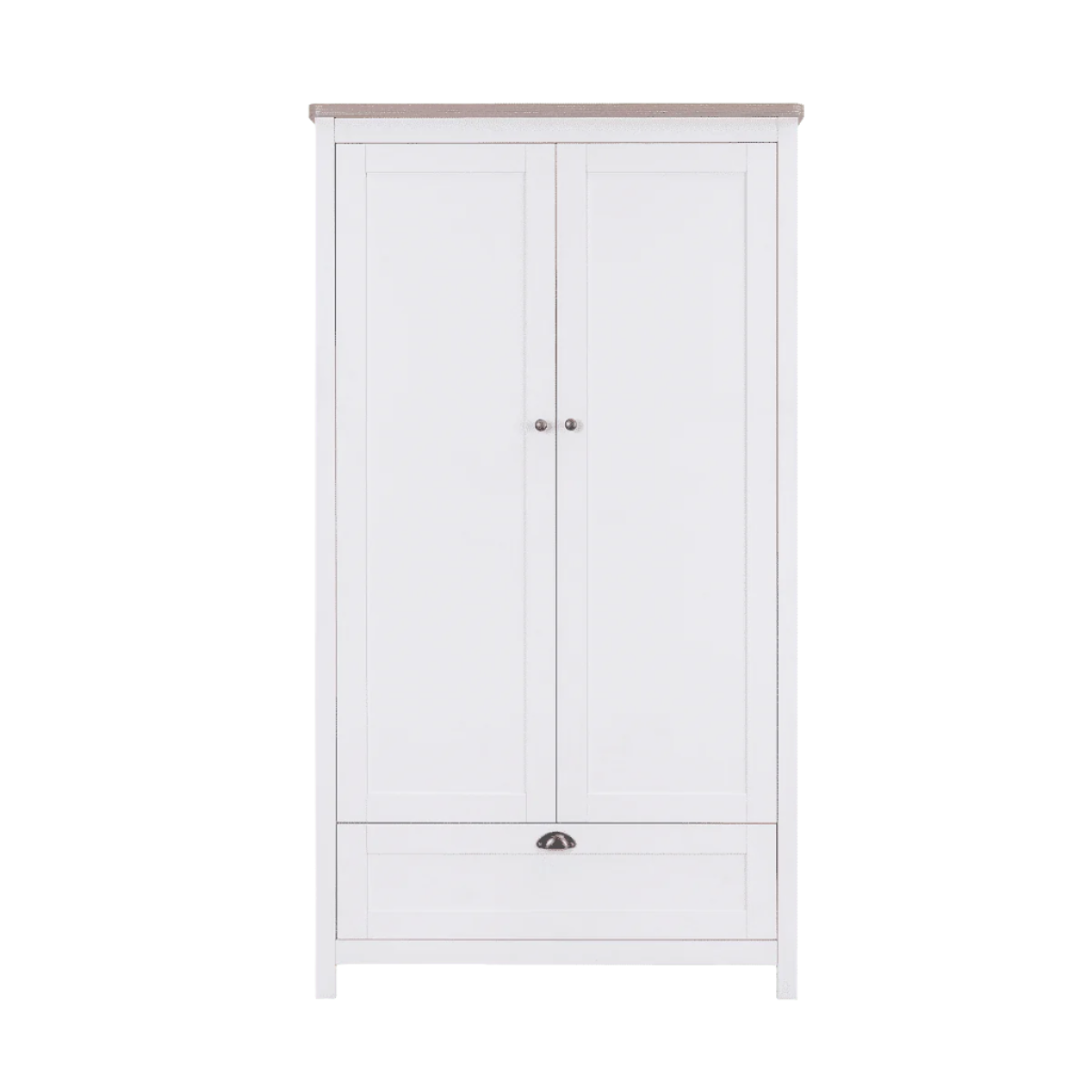 Verona wardrobe in white and oak with double doors and a spacious bottom drawer for versatile nursery storage.