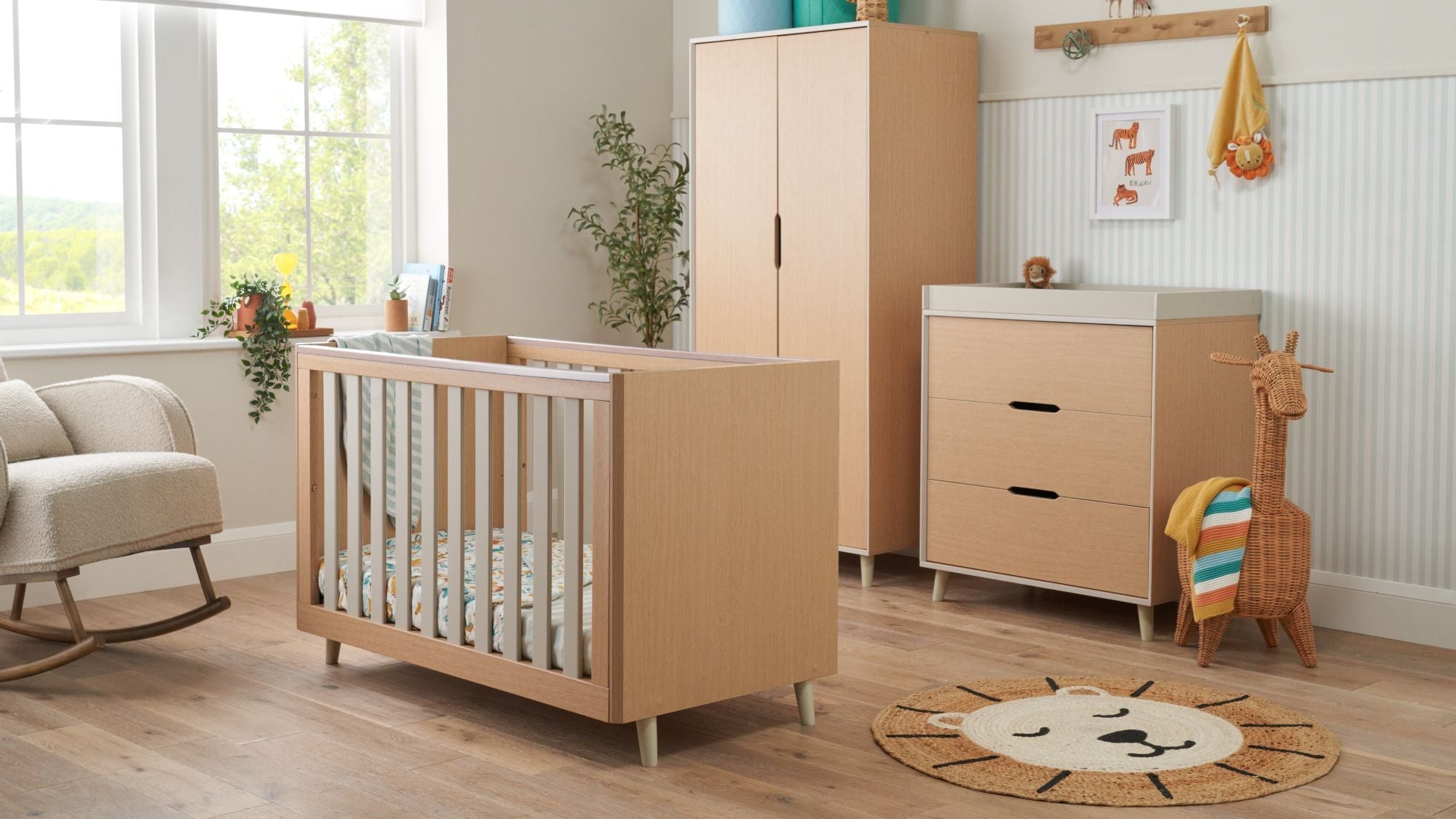 Fika nursery furniture set in Light Oak and White Sand.