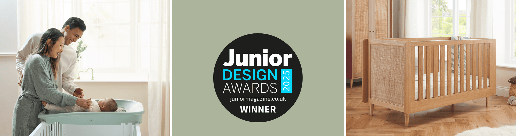 mood collage showing cushi changing mat, junior design awards 2025 badge and japandi cot bed
