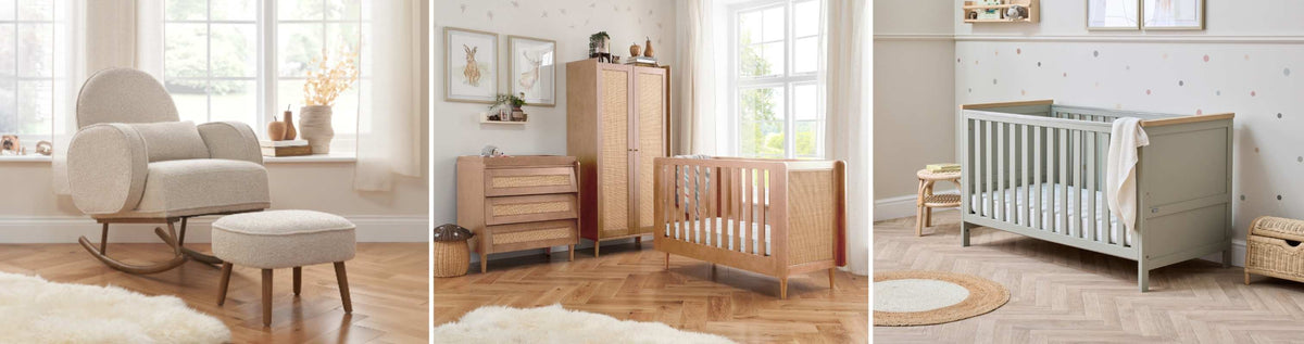 Three images of a nursery with furniture including a cot bed, a furniture set and a nursing chair.