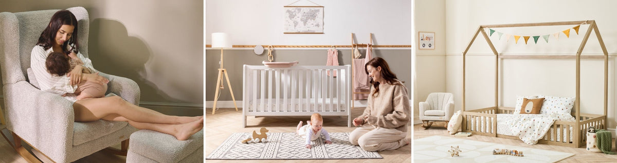 Three images showing a different Tutti Bambini products in a home environment, including a nursing chair, a cot or floor bed.