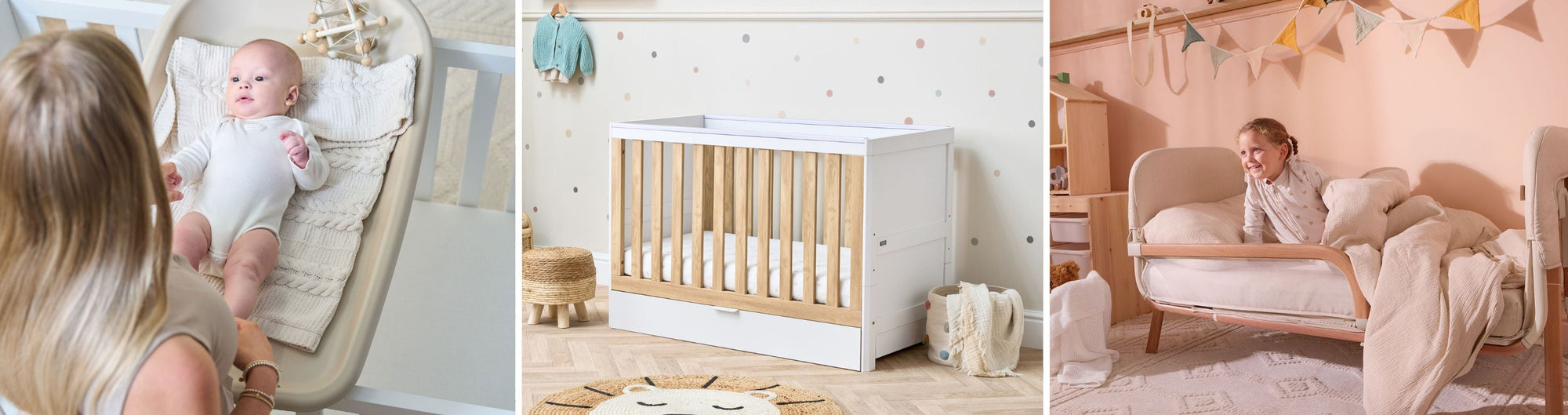 Space-saving nursery ideas with cot top changer, mini cot bed and toddler bed