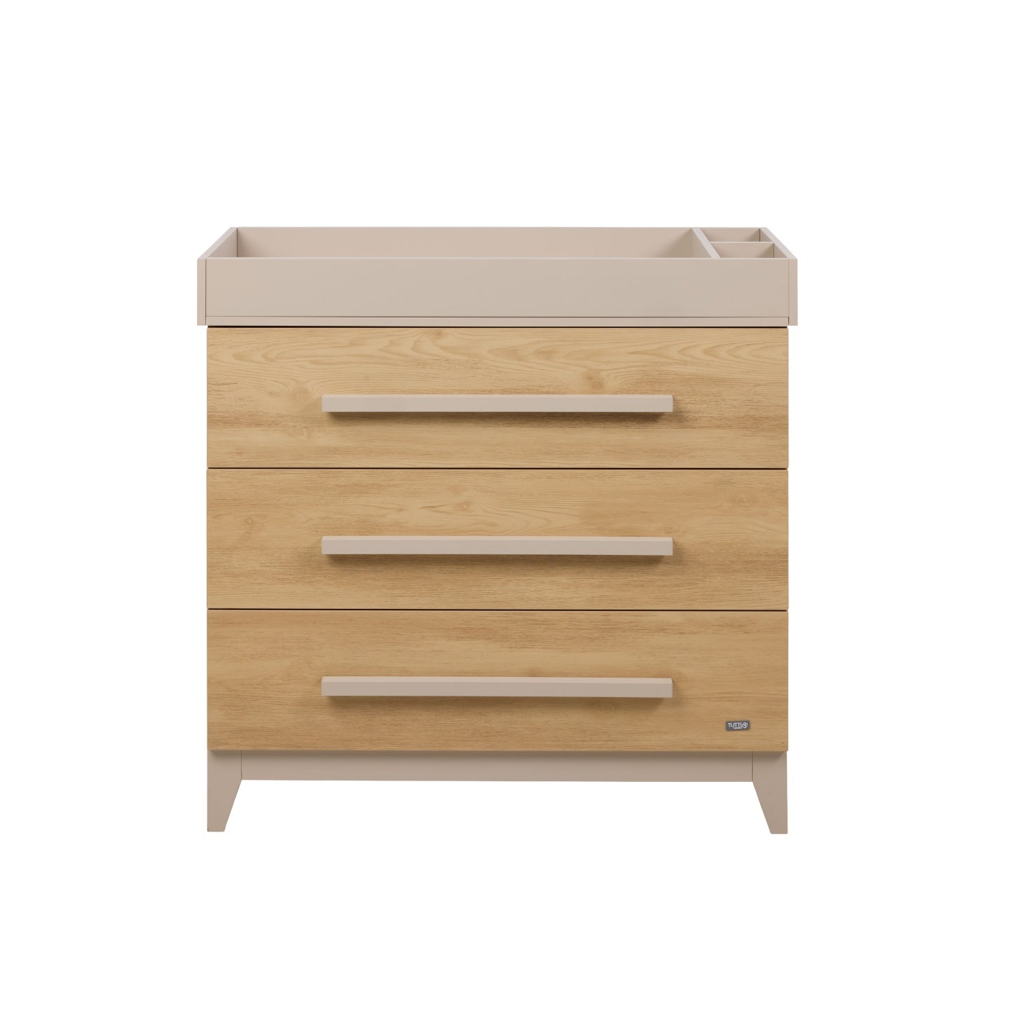 Hallee chest changer in mushroom and golden oak with changing top attached, showcasing three spacious drawers.