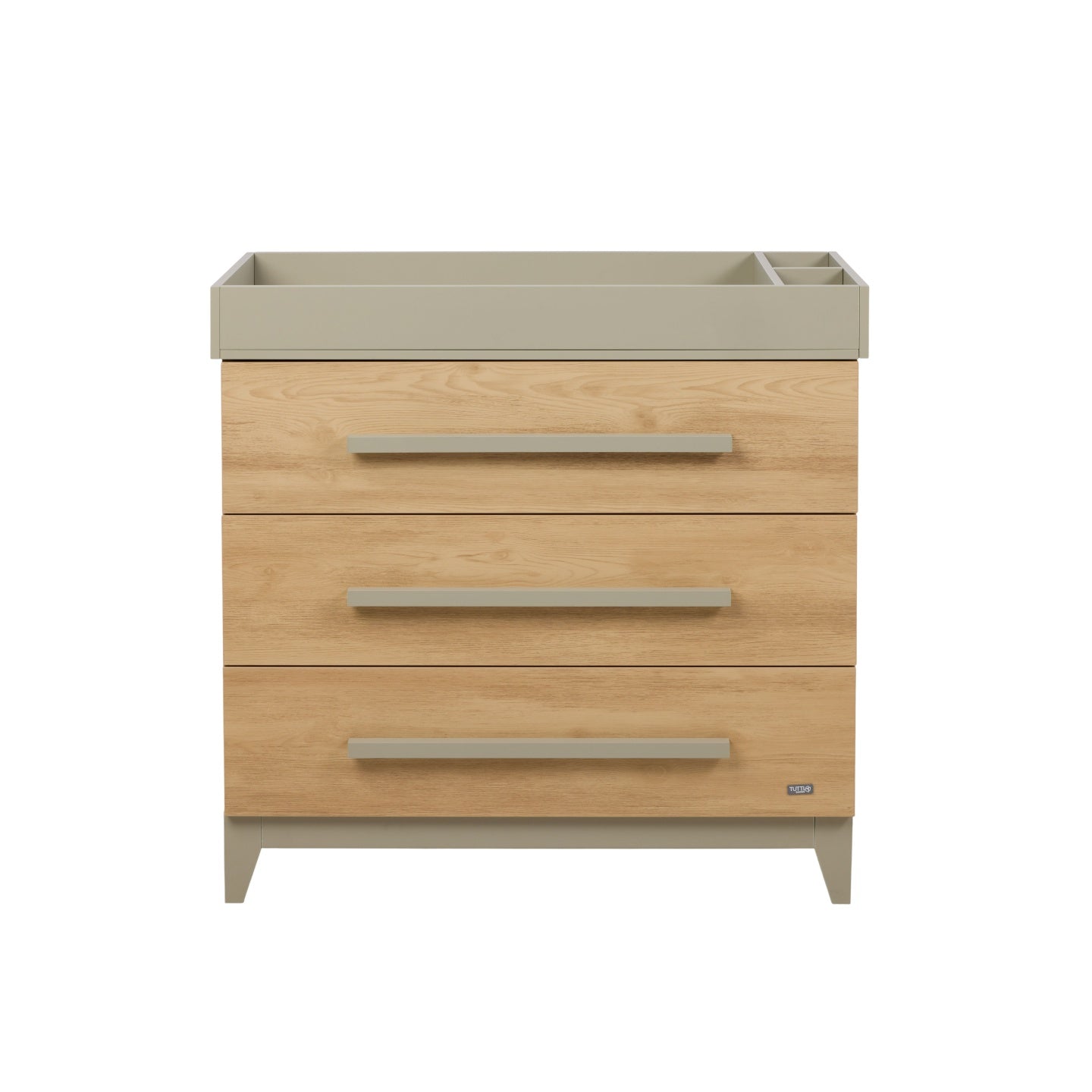Front view of Hallee chest changer in sage and golden oak with three spacious drawers and changing top attached.