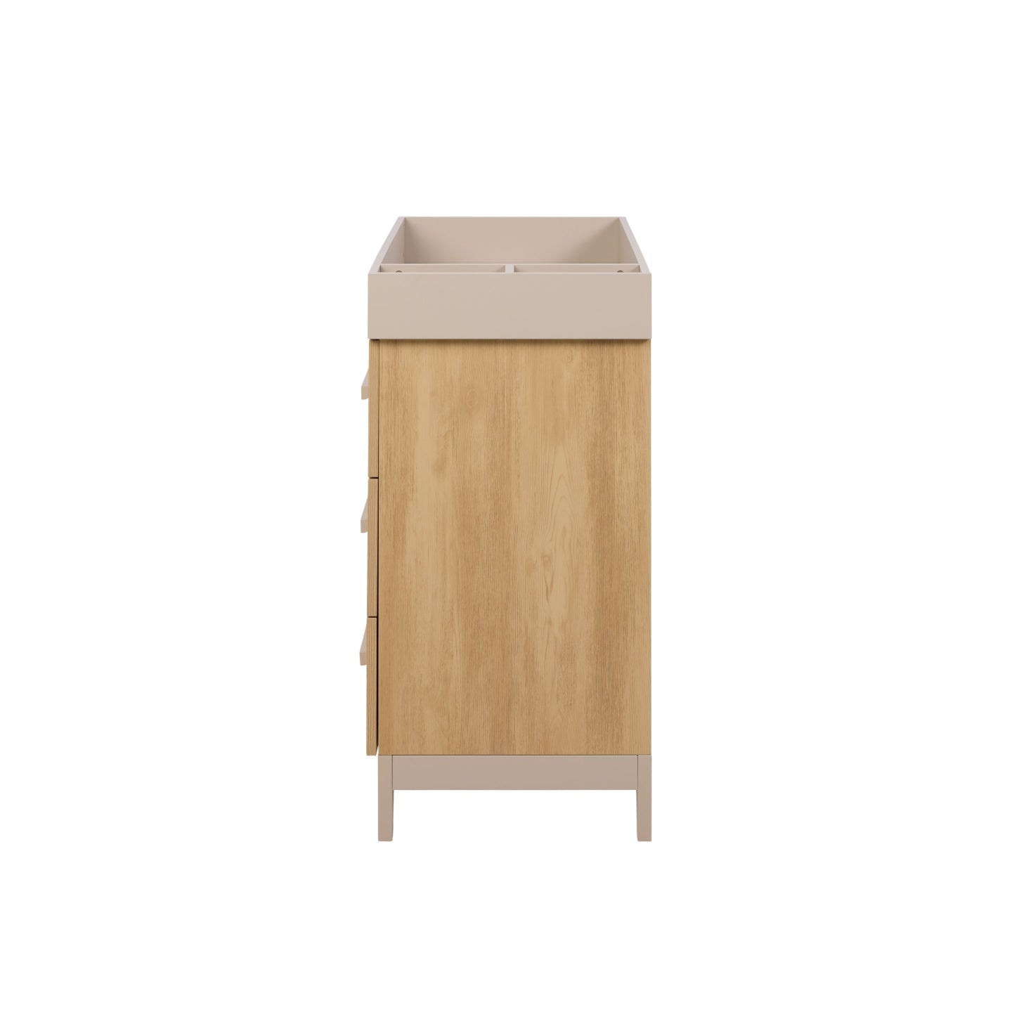 Side profile of Hallee chest changer in mushroom and golden oak highlighting wood grain panel and sturdy legs.