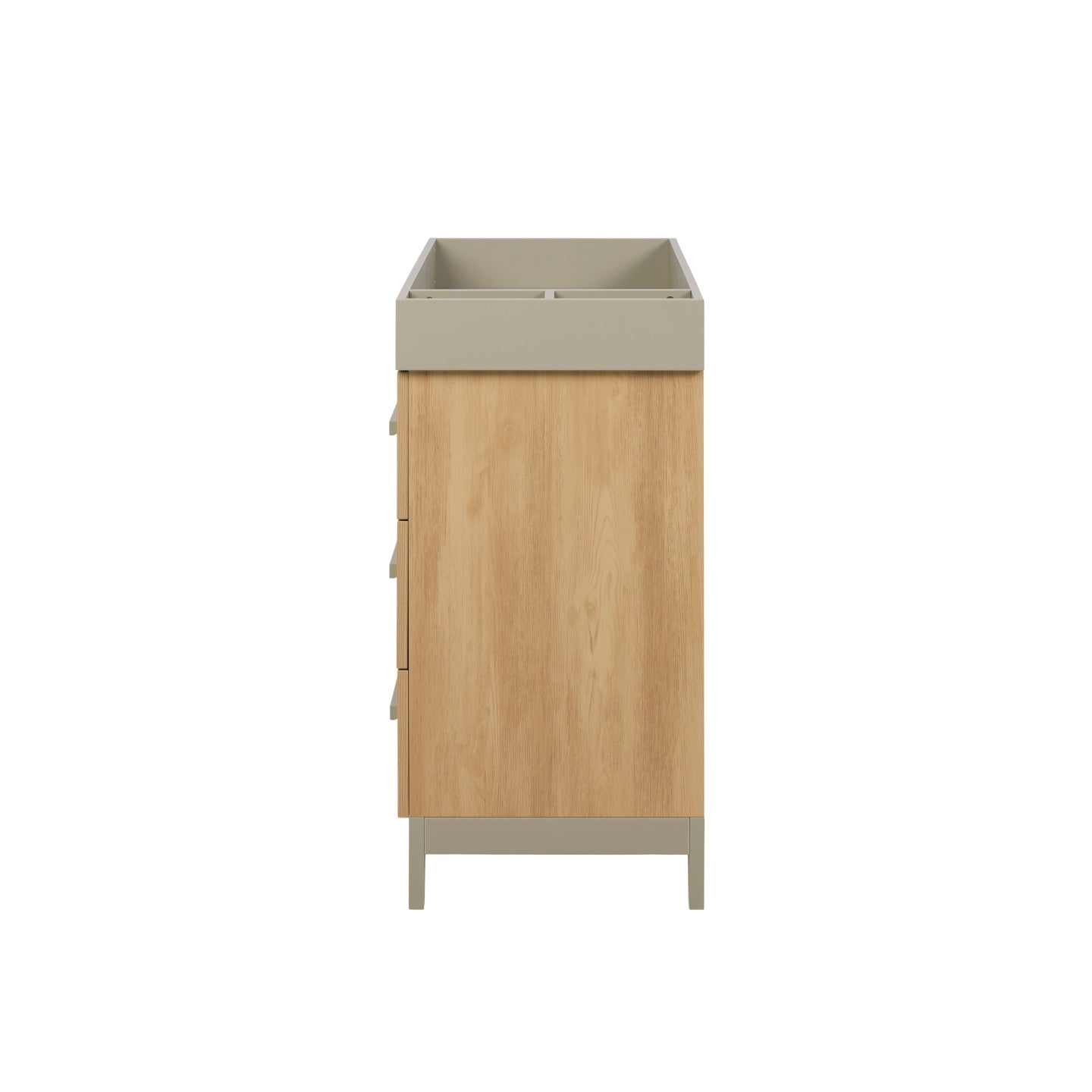 Side profile of Hallee chest changer in sage and golden oak highlighting wood grain panel and sturdy painted legs.