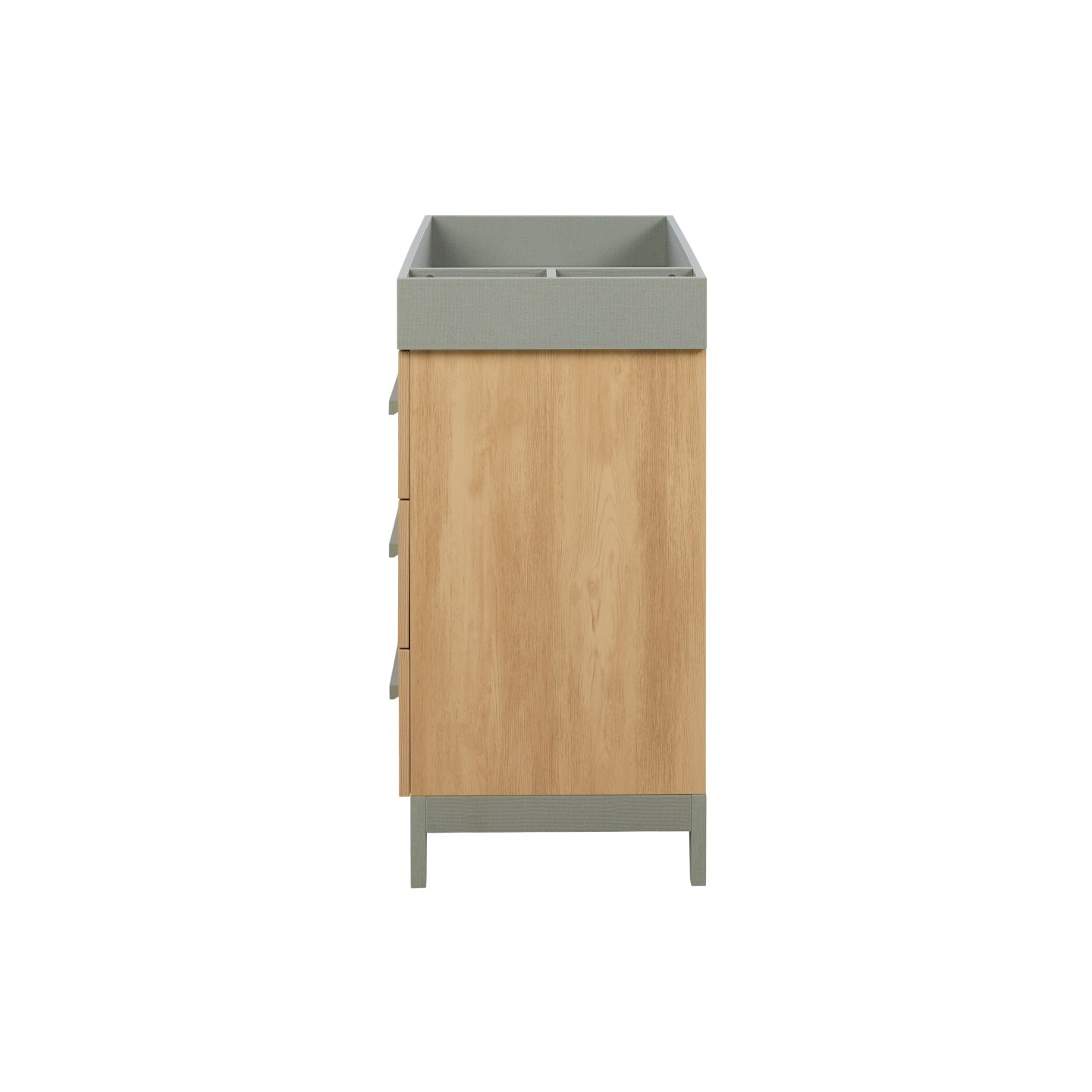 Side profile of the Hallee chest changer in sage weave and golden oak, highlighting clean lines, textured surround and tapered legs.