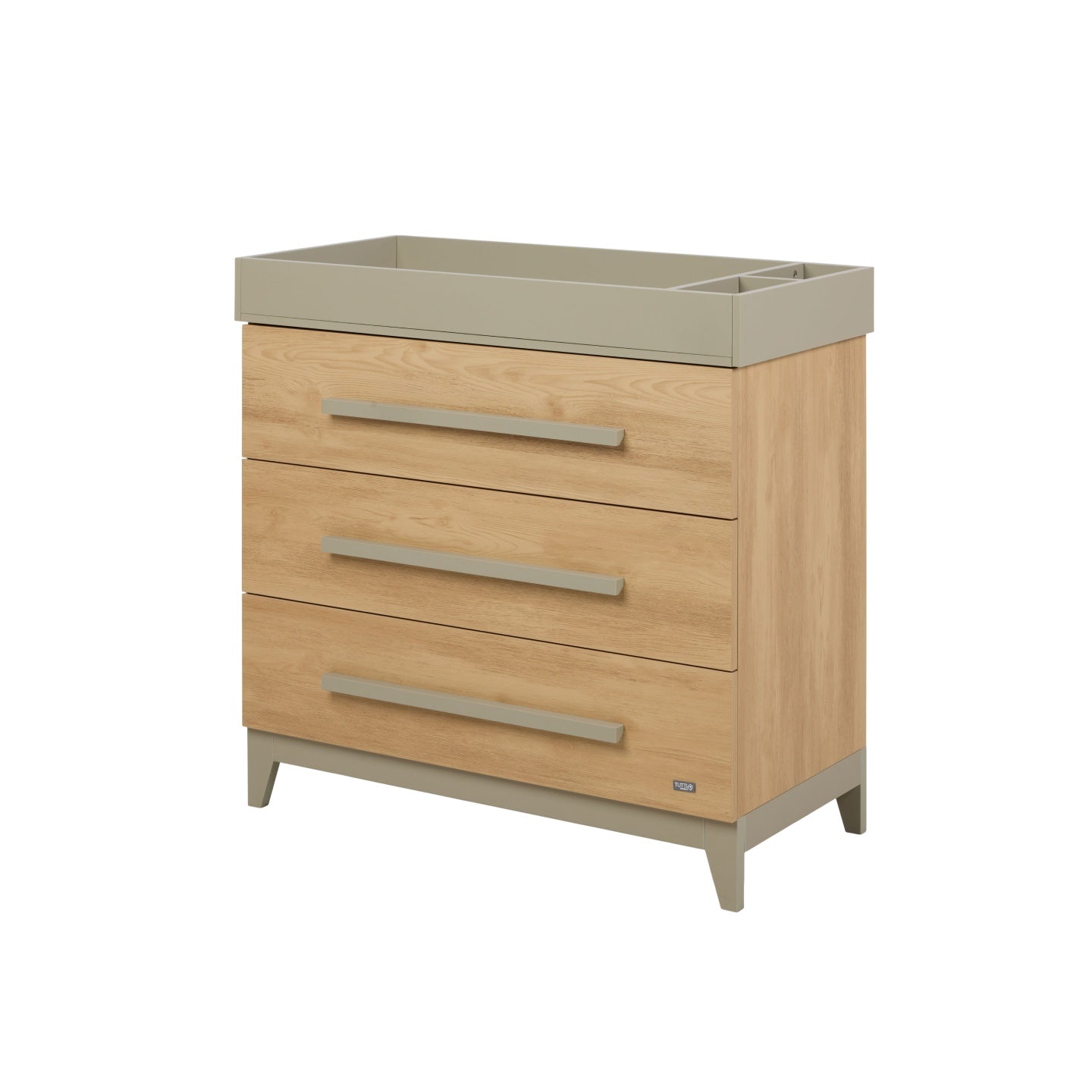 Halle chest changer in sage and golden oak with three spacious drawers and removable changing top in a clean studio setting.