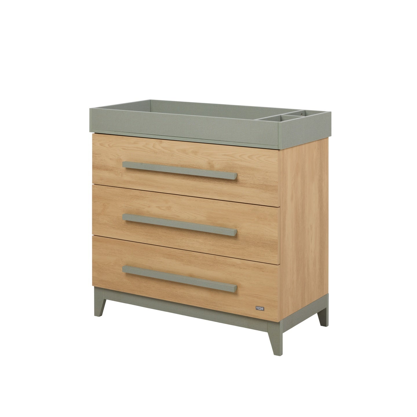 Front view of the Hallee chest changer in sage weave and golden oak, featuring three spacious drawers and removable changing top.