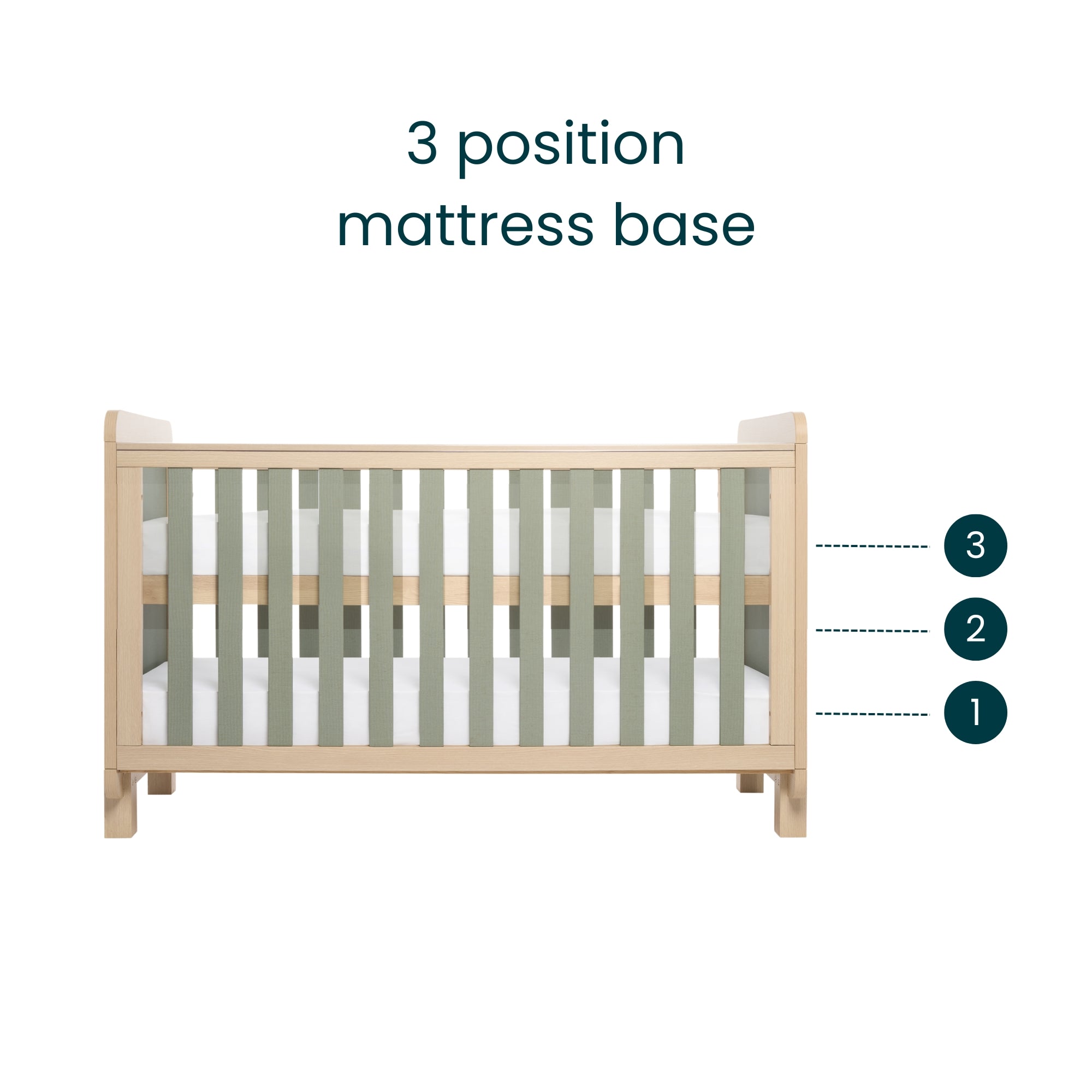 Diagram of the Kuba cot bed in pickled oak and sage weave, highlighting the three adjustable mattress base heights as baby grows