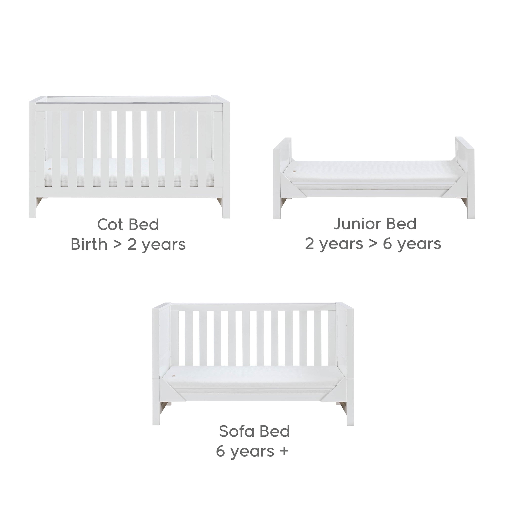 Cutout view of the Tivoli cot bed in white showing cot bed, junior bed and sofa bed modes from birth through early childhood