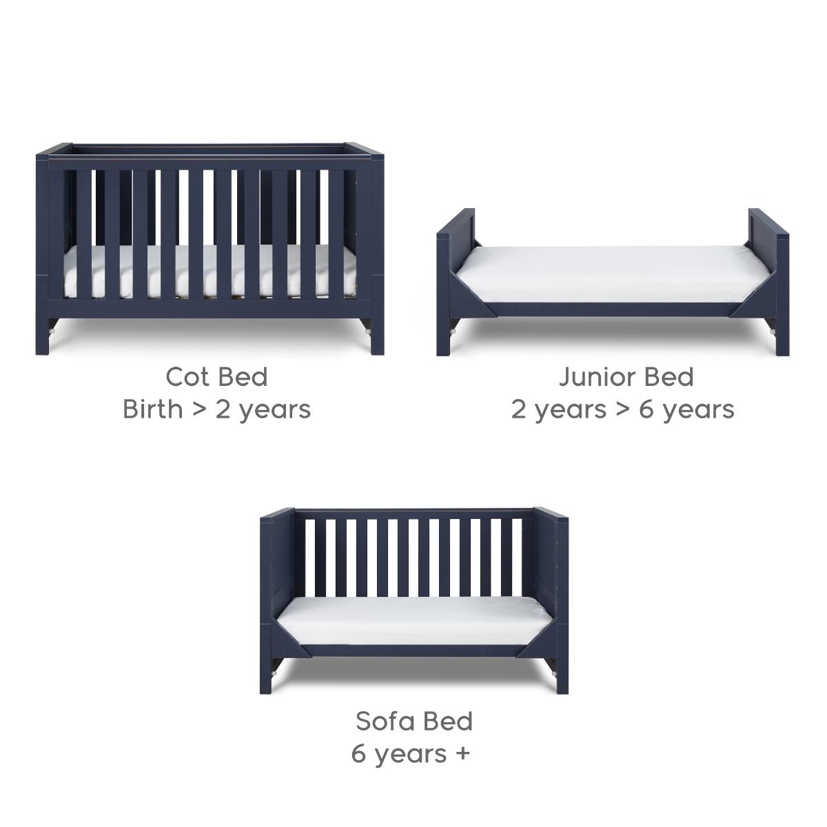 Front view of the Tivoli cot bed in navy finish, showing cot bed, junior bed and sofa bed modes designed to grow with your child