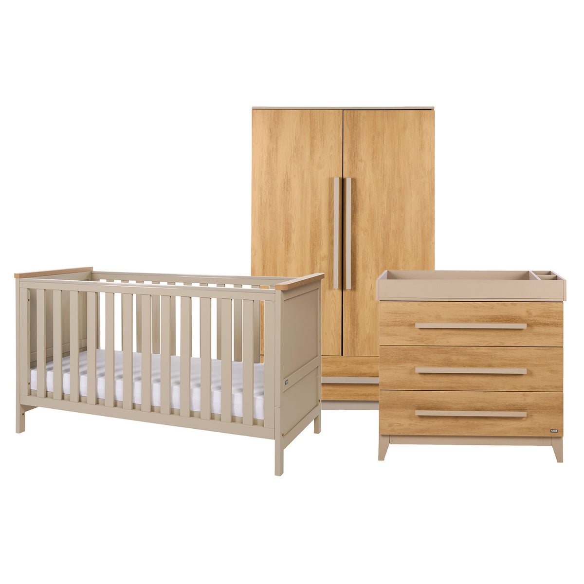 A 3-piece baby nursery furniture set including a convertible cot bed, a tall double-door wardrobe, a three-drawer changing table shown on a solid white background.