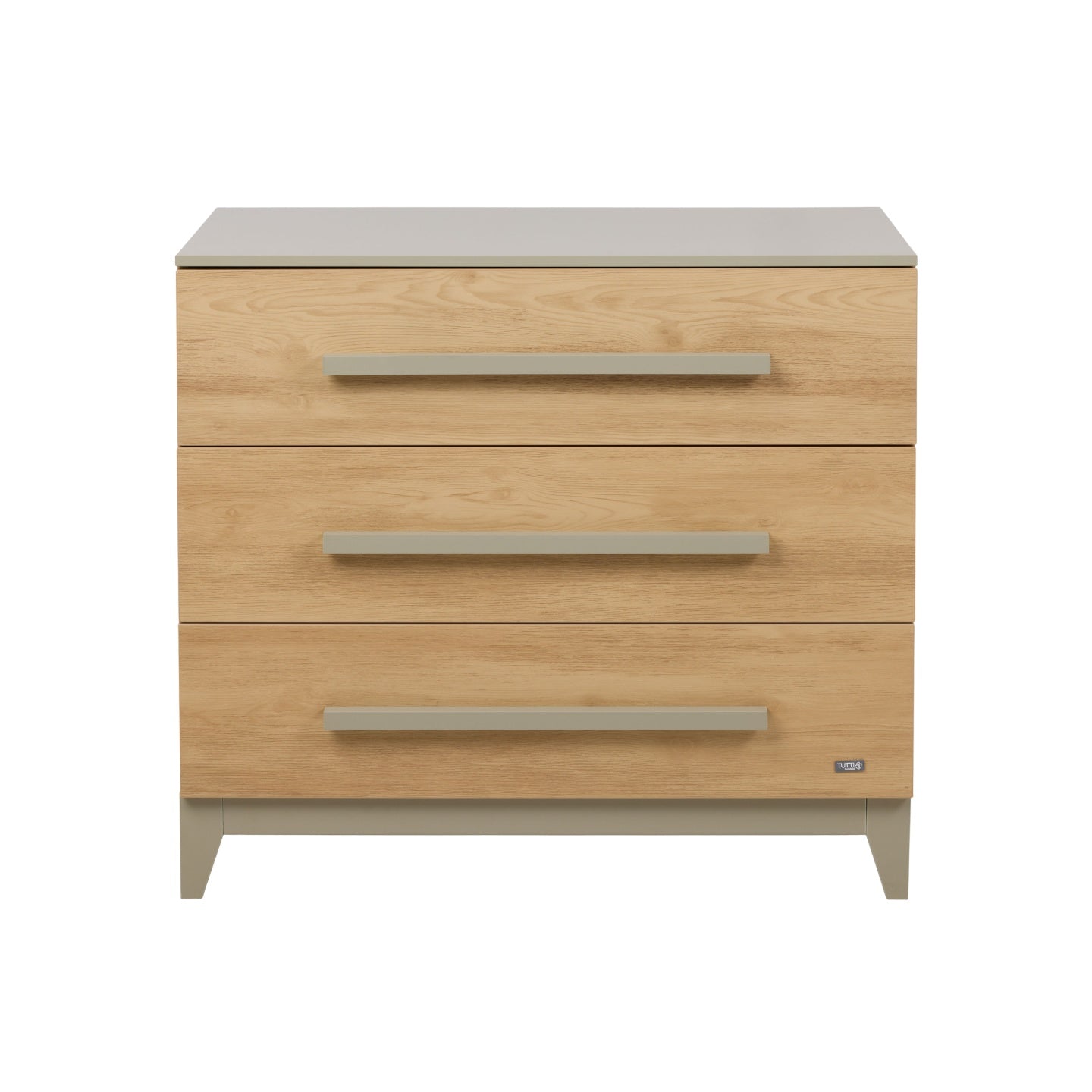 Straight-on view of Hallee chest changer in sage and golden oak featuring three drawers, angled legs and smooth painted top.