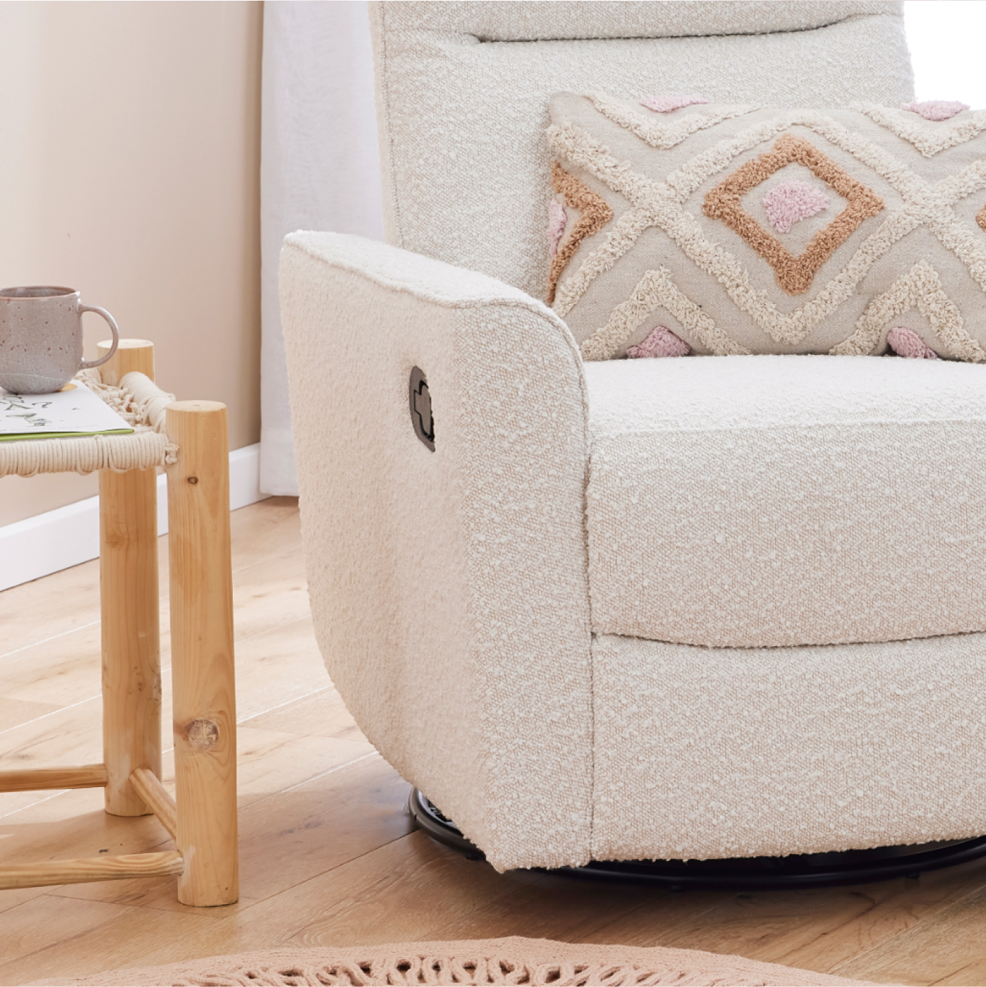 Detail of the Paige Recliner Glider chair, with the boucle texture
