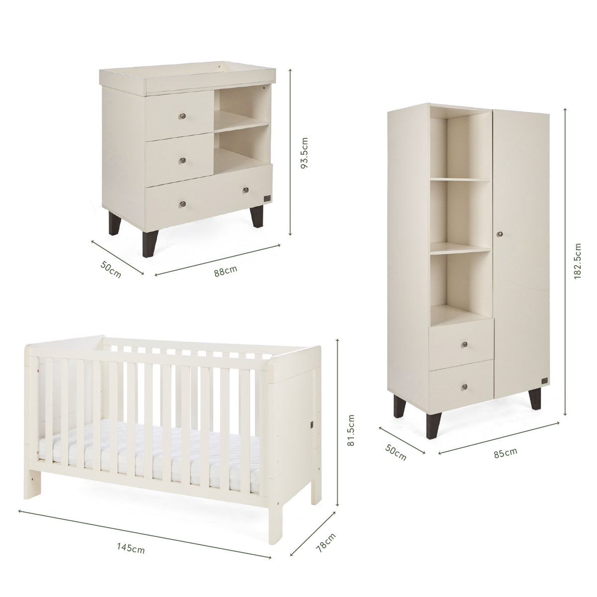 Dimensions of the Origin Alba 3 Piece Nursery Furniture Set which includes a chest changer, cot bed and nursery wardrobe.