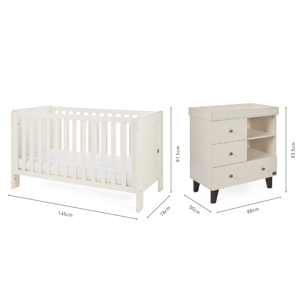 Dimensions of the Origin Alba 2 Piece Nursery Furniture Set which includes a cot bed and chest changer.