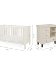 Dimensions of the Origin Alba 2 Piece Nursery Furniture Set which includes a cot bed and chest changer.
